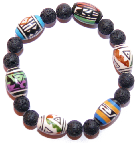 flexibles Armband aus Peru - mit vielen bunten Perlen und Lavasteinperlen 8 mm