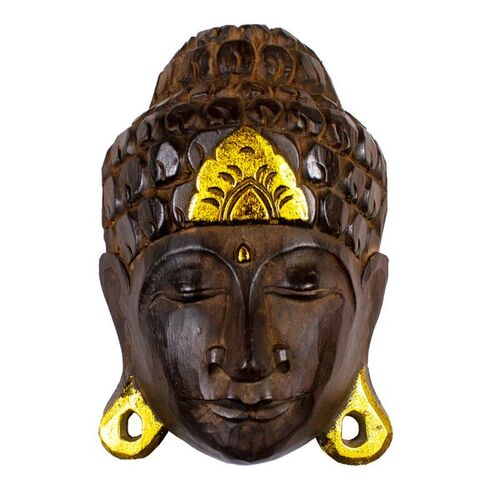 Buddha - Maske GOLD, handgearbeitete Holz-Maske aus Bali, Wandmaske