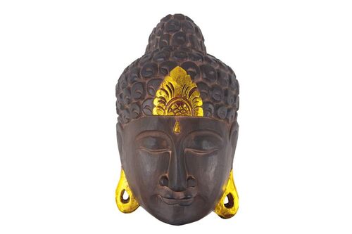 Buddha - Maske GOLD, handgearbeitete Holz-Maske aus Bali, Wandmaske