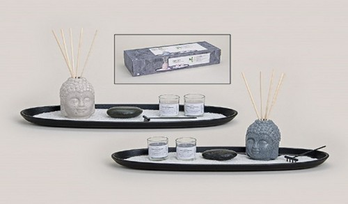 Raumduft-Set Buddha mit 12 Teilen, Zen-Garten, eine Schale mit Buddhakopf , St�bchen und Duftkerzen 