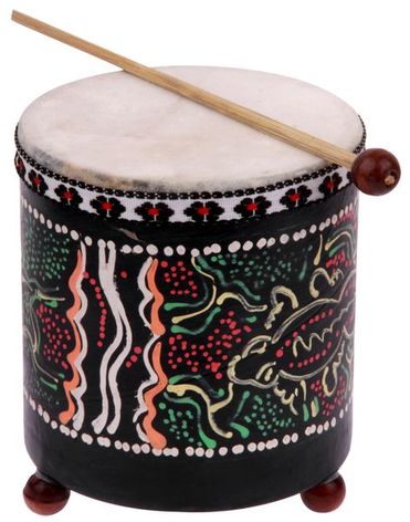 kleine Kindertrommel im Dot-PaintingDesign bemalt, mit kleinem Schlegel, H�he ca. 12 cm, Durchmesser ca. 10 cm