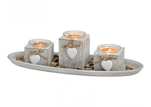 Windlicht Tablett aus Holz fr 3 Teelichter