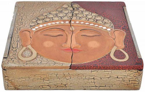 Schatulle aus leichten Albesia-Holz, handbemalt, Buddha oder Sonne 