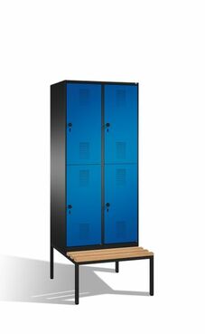 Spind | Doppelstock mit Sitzbank, 2 Abteile, 4 F�cher, Abteilbreite 400 mm