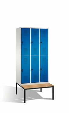 Spind | Doppelstock mit Sitzbank, 3 Abteile, 6 F�cher, Abteilbreite 300 mm
