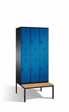 Spind | Doppelstock mit Sitzbank, 3 Abteile, 6 F�cher, Abteilbreite 300 mm