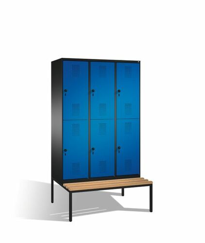 Spind | Doppelstock mit Sitzbank, 3 Abteile, 6 F�cher, Abteilbreite 400 mm