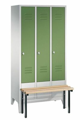 Garderobenschrank + Sitzbank, 3 Abteile, Abteilbreite 300 mm