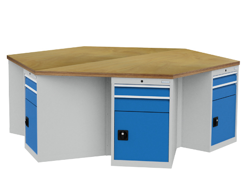 6-Eck-Werkbank, Gruppenarbeitsplatz, 6 x Schubladenschrank