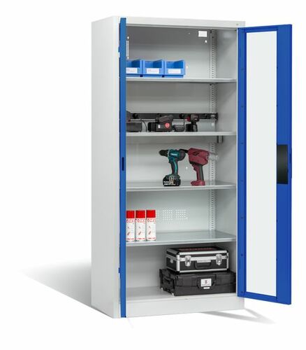 C+P Akku-Ladeschrank f�r 5 E-Werkzeuge H/B/T 1950x930x500 mm Lichtgrau/Enzianblau