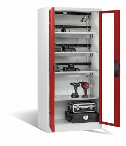 C+P Akku-Ladeschrank Comfort f�r 15 E-Werkzeuge H/B/T 1950x930x500 mm Lichtgrau/Rubinrot