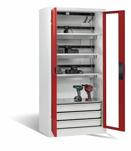 C+P Akku-Ladeschrank Comfort f�r 15 E-Werkzeuge H/B/T 1950x930x500 mm Lichtgrau/Rubinrot