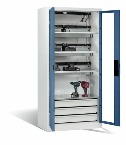 C+P Akku-Ladeschrank Comfort f�r 15 E-Werkzeuge H/B/T 1950x930x500 mm Lichtgrau/Fernblau