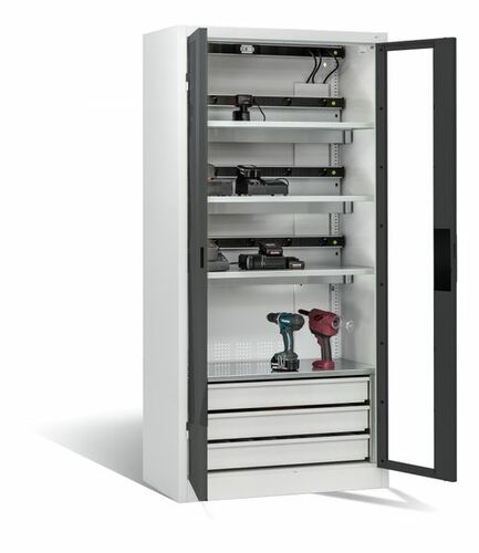 C+P Akku-Ladeschrank Comfort f�r 15 E-Werkzeuge H/B/T 1950x930x500 mm Lichtgrau/Anthrazit