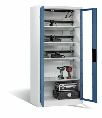 C+P Akku-Ladeschrank Comfort f�r 15 E-Werkzeuge H/B/T 1950x930x500 mm Lichtgrau/Fernblau