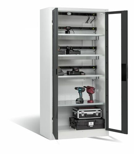 C+P Akku-Ladeschrank Comfort f�r 15 E-Werkzeuge H/B/T 1950x930x500 mm Lichtgrau/Anthrazit