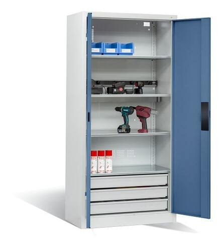 C+P Akku-Ladeschrank f�r 5 E-Werkzeuge H/B/T 1950x930x500 mm Lichtgrau/Fernblau