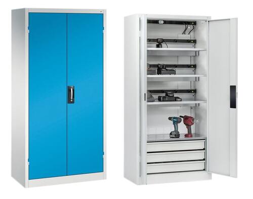 C+P Akku-Ladeschrank Comfort f�r 15 E-Werkzeuge H/B/T 1950x930x500 mm Lichtgrau/Lichtblau