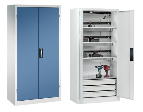 C+P Akku-Ladeschrank Comfort fr 15 E-Werkzeuge H/B/T 1950x930x500 mm Lichtgrau/Fernblau