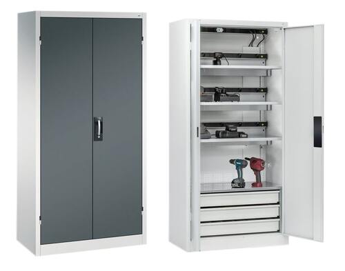 C+P Akku-Ladeschrank Comfort f�r 15 E-Werkzeuge H/B/T 1950x930x500 mm Lichtgrau/Anthrazit