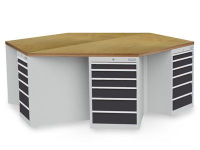 6-Eck-Werkbank, Gruppenarbeitsplatz, 6 x Schubladenschrank