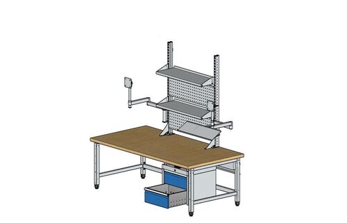 Arbeitstisch Workergo elektrisch mit Unterbauschrank u. Multiwand, B/T/H = 2000x900x710-1055/1960-2315 mm