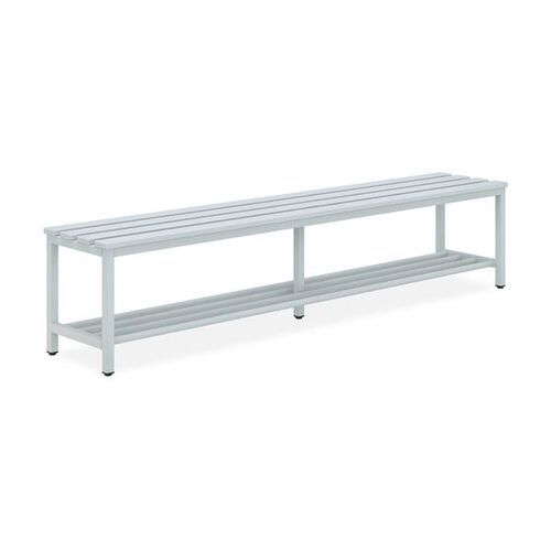 Sitzbank 2000 mm - Kunststofflatten, pulverbeschichtetes Stahlgestell RAL 7035 - inkl. Schuhrost