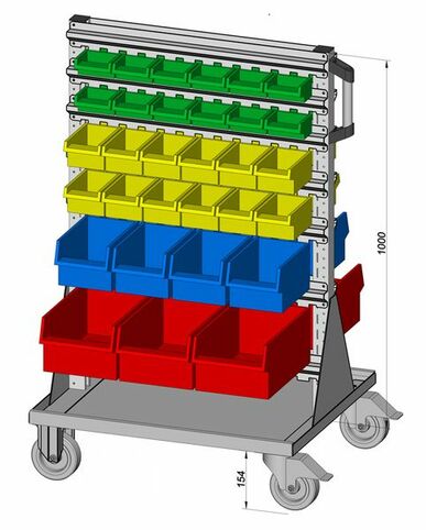 Fahrregal beidseitig inkl. 62 Sichtboxen 720x1155 mm