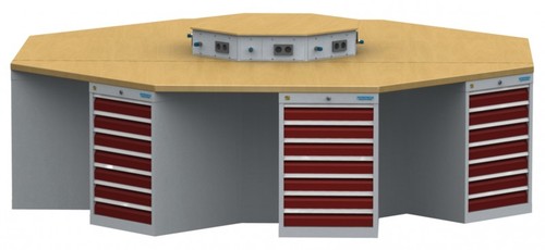 8-Eck-Werkbank, Gruppenarbeitsplatz, 8 x Schubladenschrank