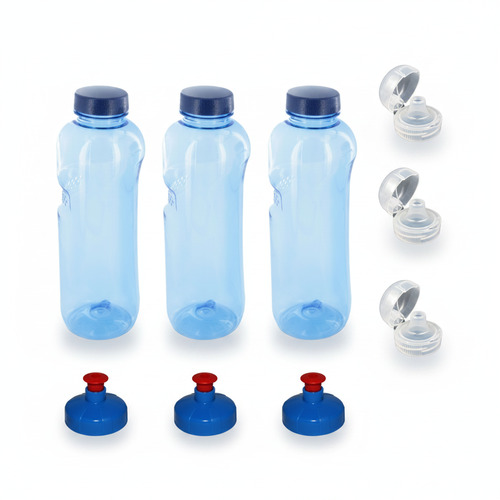 3x0,75 L Trinkflasche Wasserflasche aus Tritan + 3xTrinkdeckel Push-Pull + 3xTrinkdeckel Flip Top