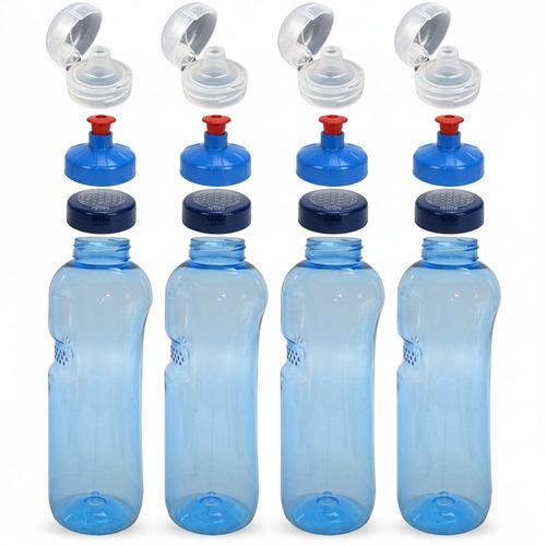 4x 1,0L Kavodrink Wasserflasche mit Lebensblume Deckel + 4x FlipTop + 4x Push-Pull