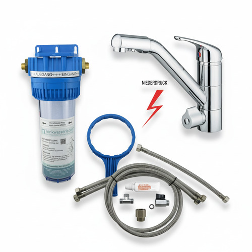 TWL Vario Wasserfiltergeh�use Premium mit 4-Wege-Hahn Flach in Chrom-Optik f�r Niederdruck