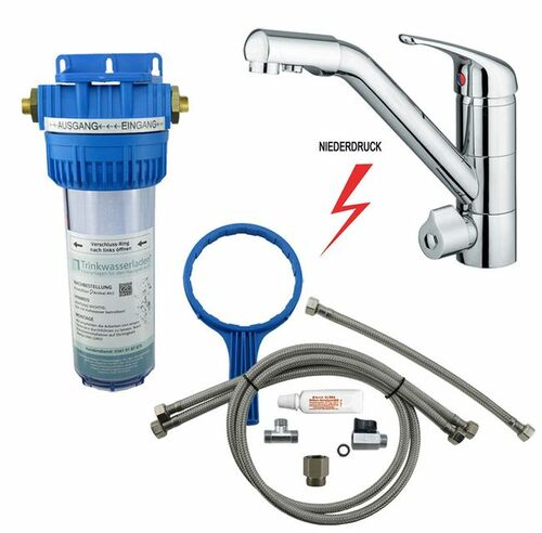 TWL Vario Wasserfiltergeh�use Premium mit 4-Wege-Hahn Flach in Chrom-Optik f�r Niederdruck