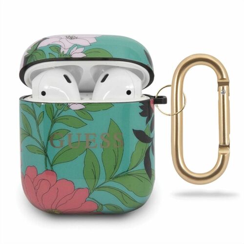 Guess Apple Airpods Silicon Cover Flower Collection Gr�n Schutzh�lle Tasche Case Etui Halter Zubeh�r