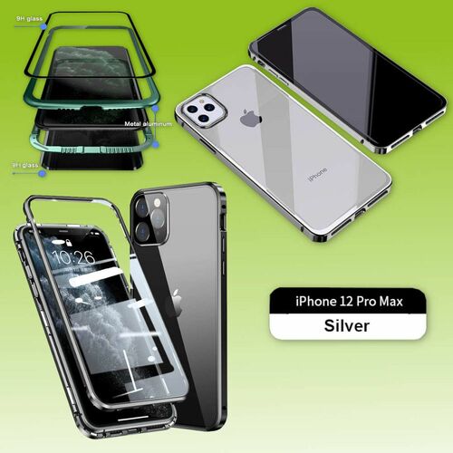 Beidseitiger 360 Grad Magnet / Glas Case H�lle Handy Tasche Bumper Silber f�r Apple iPhone 12 Pro Max 6.7 Zoll