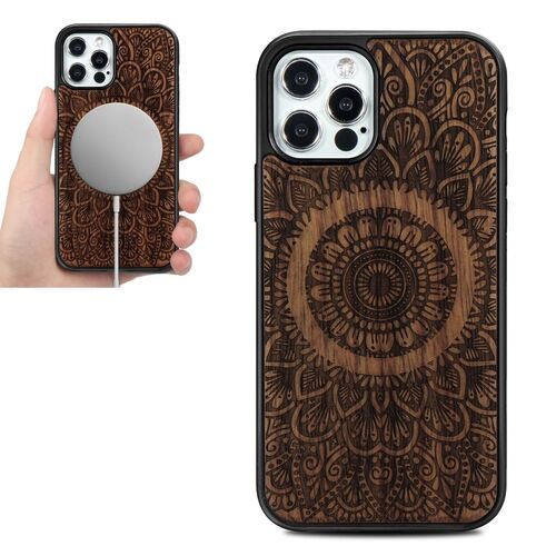Holzfurnier Mandala gepr�gte Magsafe H�lle Handy Tasche Rosen f�r Apple iPhone 12 Pro Max 6.7 Zoll
