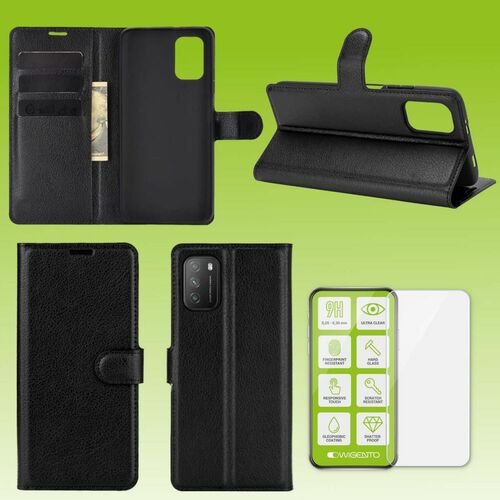 F�r Xiaomi Poco M3 / Redmi 9T Tasche Wallet Premium Schwarz Schutz H�lle Case Cover Etui + 0,26mm H9 2.5 Hart Glas