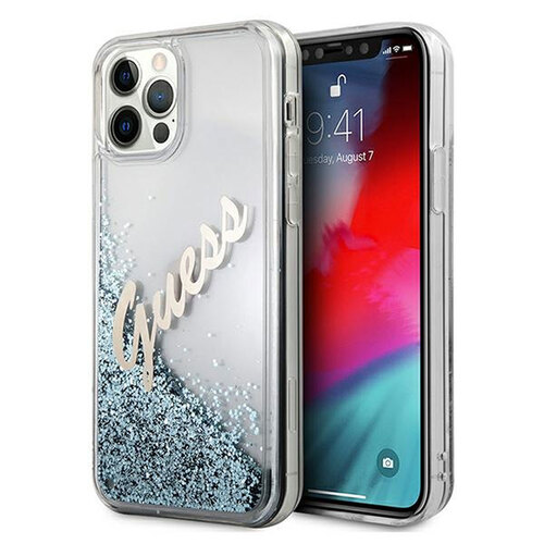 Guess Apple iPhone 12 / 12 Pro Blau Glitter Vintage Script Glitzer Hard Case Cover Schutzh�lle Etui