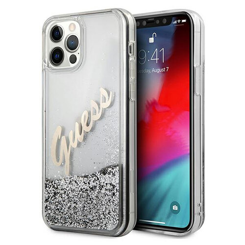 Guess Apple iPhone 12 Pro Max Silber Glitter Vintage Script Glitzer Hard Case Cover Schutzhlle Etui