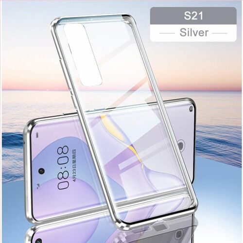 Beidseitiger 360 Grad Magnet / Glas Case H�lle Handy Tasche Bumper Silber f�r Samsung Galaxy S21 G991B