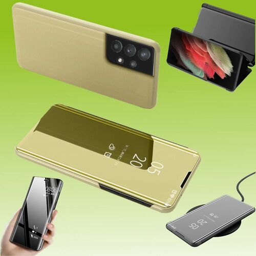 F�r Samsung Galaxy A32 5G A326B Clear View Spiegel Mirror Smartcover Gold Schutzh�lle Cover Etui Tasche H�lle Neu Case Wake UP Funktion