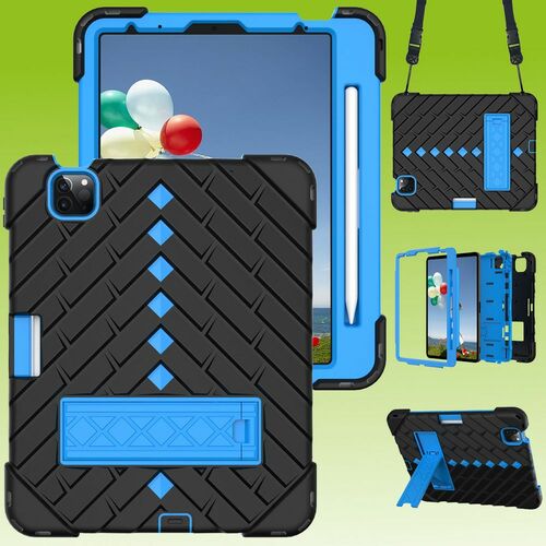 F�r Apple iPad Air 2020 4.Gen 10.9/ Air 2022 Shockproof Hybrid Tablet H�lle mit Band Schwarz / Blau