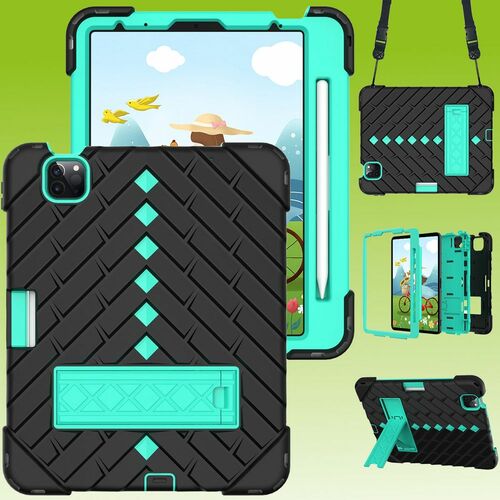 F�r Apple iPad Air 2020 4.Gen 10.9/ Air 2022 Shockproof Hybrid Tablet H�lle mit Band Schwarz / Mint Gr�n