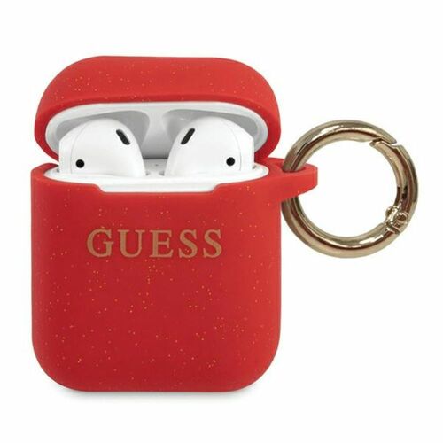 Guess Apple Airpods / AirPods 2 Cover Rot Glitter Silicone Schutzh�lle Tasche Case Etui Halter