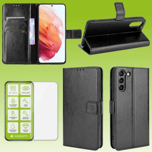 F�r Samsung Galaxy S21 FE G990B Tasche Wallet Premium Schwarz Schutz H�lle Case Cover Etui + 0,26mm H9 2.5 Hart Glas