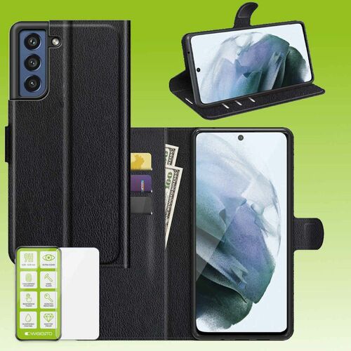 F�r Samsung Galaxy S21 FE G990B Tasche Wallet Premium Schwarz Schutz H�lle Case Cover Etui + 0,26mm H9 2.5 Hart Glas