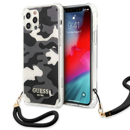 Guess Camo Collection Smartphone Case mit Band f�r Apple iPhone 12 / 12 Pro Camouflage Schwarz