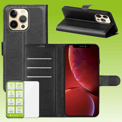 F�r Apple iPhone 13 Pro Tasche Wallet Premium Schwarz Schutz H�lle Case Cover Etui + 0,26mm H9 2.5 Hart Glas