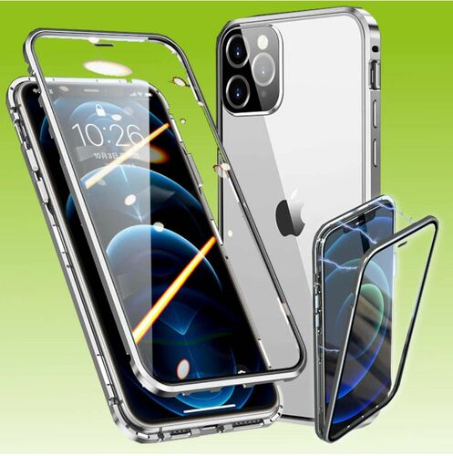 F�r Apple iPhone 13 Pro Beidseitiger 360 Grad Magnet / Glas Case H�lle Handy Tasche Bumper Silber 