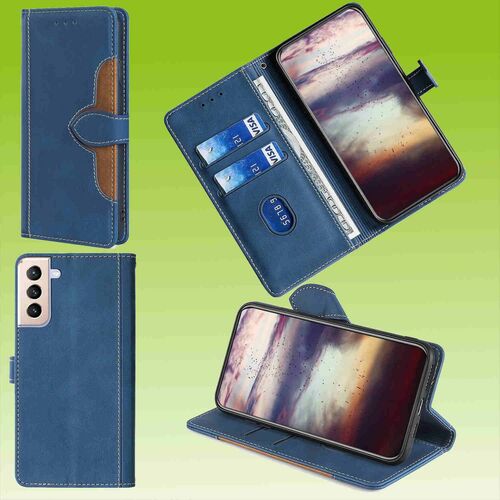 F�r Samsung Galaxy S21 FE G990B Design Handy Tasche Wallet Premium Blau Schutz H�lle Case Cover Etuis Neu Zubeh�r